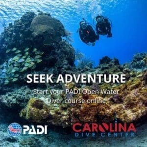 Two scuba students above coral reef