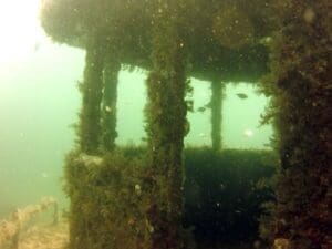Underwater structure covered in marine growth.